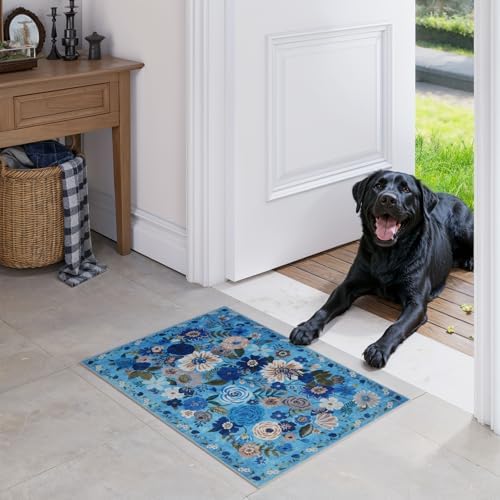 24x17 Inch Door Mat Indoor Entrance, Floral Area Rug Non Slip Blue - Image 6