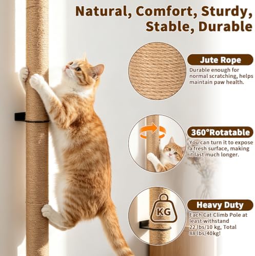 FHTONGE 63" Wall Mounted Cat Scratch Post, Adjustable Tall Jute Climb Pole - Image 2