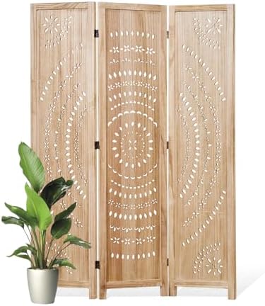 66.9Inch Folding Room Divider, 3 Panels Wood Carved Privacy Screens, Free by Svimi
