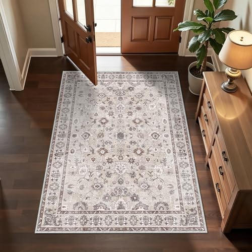Washable 4x5 Rug for Entryway Non Slip Indoor Soft 5x4 Carpet Beige - Image 4
