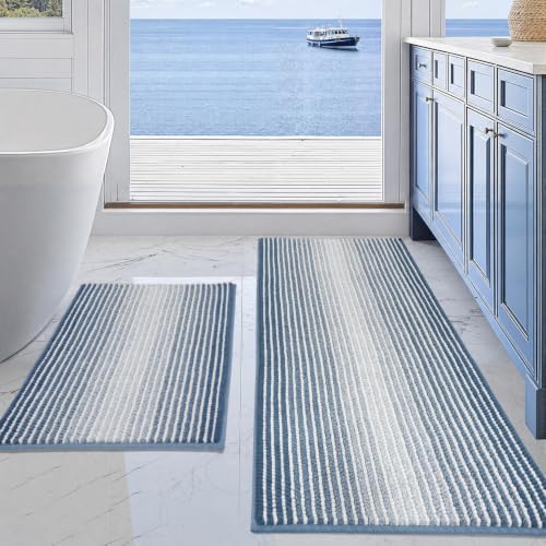 BSICPRO Bathroom Rugs Sets 2 Piece, Non Slip Striped Bath Mats, Fog Blue by BSICPRO