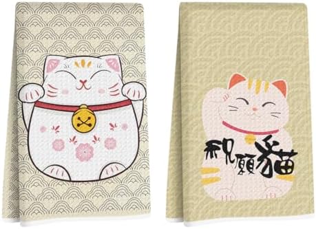 2 Pcs Japanese Lucky Cat Kitchen Towels, Cat Gifts Reusable Dish Towels by Hanamiya+Na