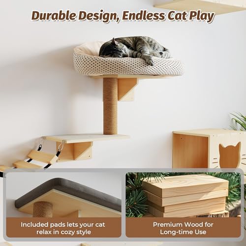 NYEEKOY Cat Wall Shelves, Wood 8-in-1 Cat Wall Furniture Set, Large Cat Shelves - Image 2