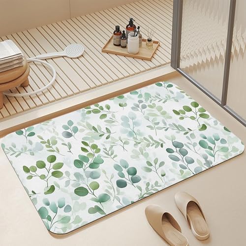 Bath Mats for Bathroom, Watercolor Green Leaf Bathroom Rugs, Spring Eucalyptus by Unknown