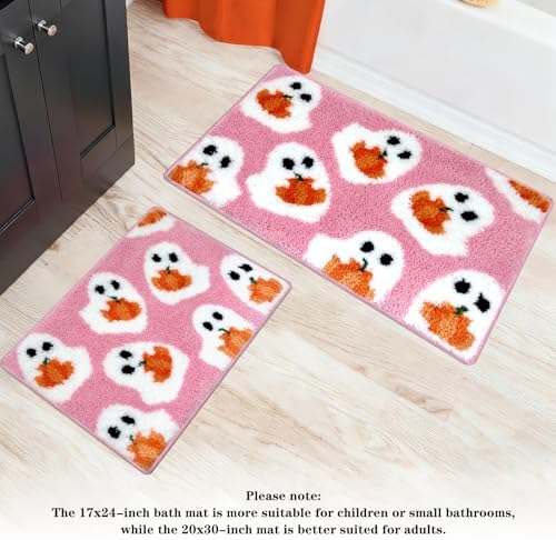 MEHOFOND Halloween Pink Ghost Pumpkin Non-Slip Bathroom Rug, 17x24 Inch - Image 7