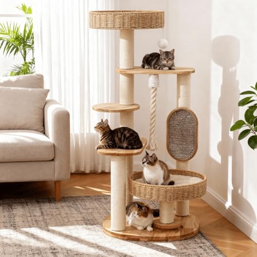 48in Natural Wood Cat Tree for Large Cats, Big Modern Cat Tower - Image 7