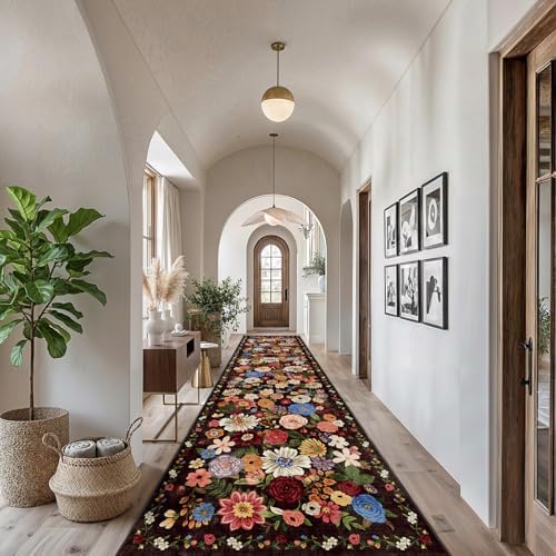 Black Brown Floral Hallway Runner Rug 2.6x14 by WelcometoBabovid