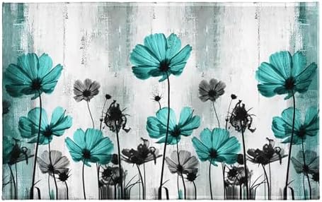 Teal Floral Bath Rug Turquoise Flower Bath Carpet Soft Plush Absorbent Doormat by Giwawa