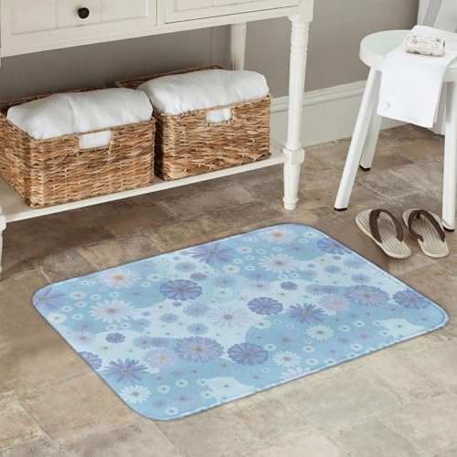 Blue Floral Bath Mat 24x16 Inch Non-Slip Soft Microfiber Bathroom Rugs Washable - Image 2
