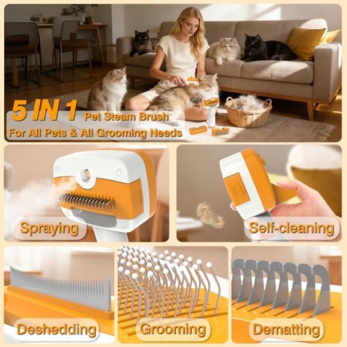Cat Steam Brush, Self-Cleaning Deshedding Tool, 5-in-1 Cool Mist - Image 3