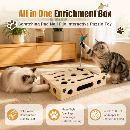 Cat Scratch Puzzle Enrichment Box, Wooden Interactive Toy - Image 2