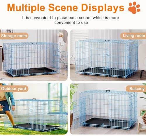 FDW | 42" Foldable Metal Dog Crate | Blue | Cage - Image 5