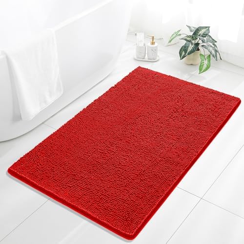 Chenille Bathroom Rug 36"x60" Red, Large Plush Bath Mat by Kildoss