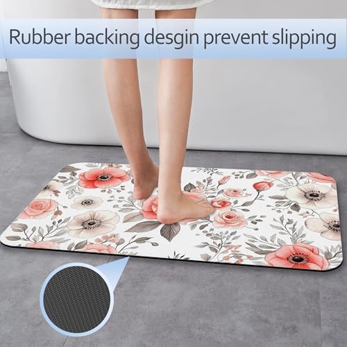 Vintage Poppy Flowers Bathroom Rug 29.5"x17", Super Absorbent Fast Drying Bath - Image 3