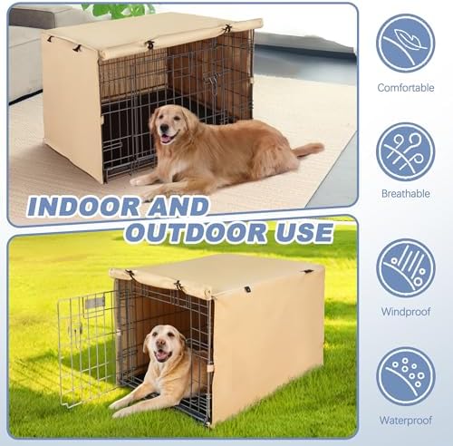 Akinerri Dog Crate Cover, Double Door Waterproof Kennel Cover, 30 in Beige - Image 5