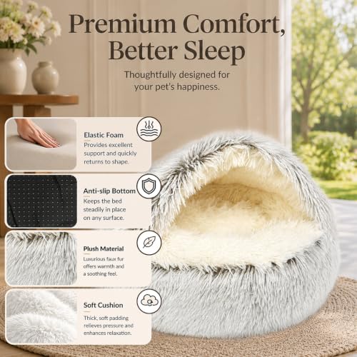 ShinHye Round Plush Fluffy Hooded Cat Bed Cave, Cozy - Image 5