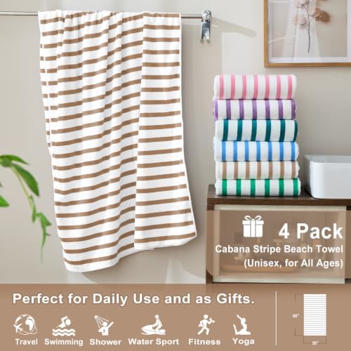 JML Microfiber Beach Towels Set of 4, Cabana Stripe Coffee - Image 2