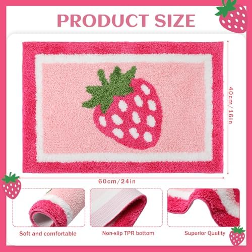 Boao Strawberry Bathroom Rug Tufted Bath Mat Pink Non-Slip 24 x 16 Inches - Image 2