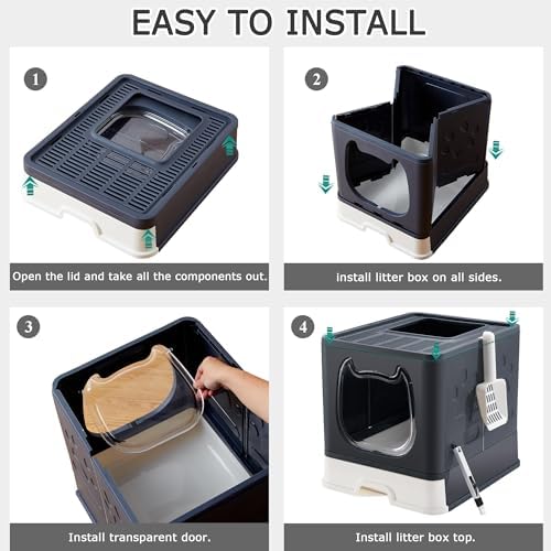 Cat Litter Box with Lid, Foldable Enclosed Covered Top Entry Kitten Litter Boxes - Image 6