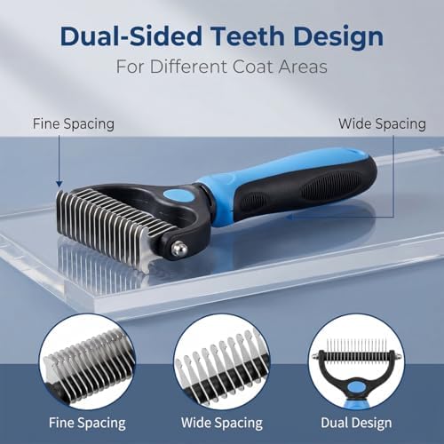 Pet Pro Grooming Tool for Dogs & Cats, 2-in-1 Blue Deshedding Brush & - Image 4