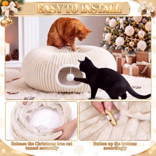 Christmas Tree Cat Tunnel 36 in Donut Bed, Beige, Flannel, Corduroy - Image 3
