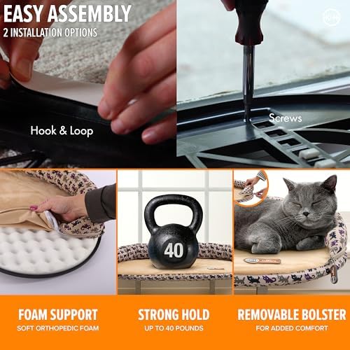 K&H Cat Window Perch, Deluxe Bolster Kitty Sill, Tan/Kitty Print - Image 4