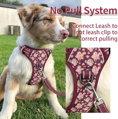 HEELE Large Dog Harness, Reflective, No Pull No Choke, Flower Burgundy - Image 4