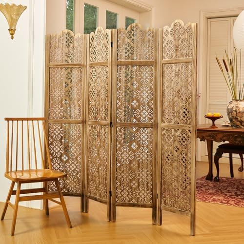 68.9Inch Folding Room Divider, 4 Panels Wood Carved Privacy Screens - Image 2
