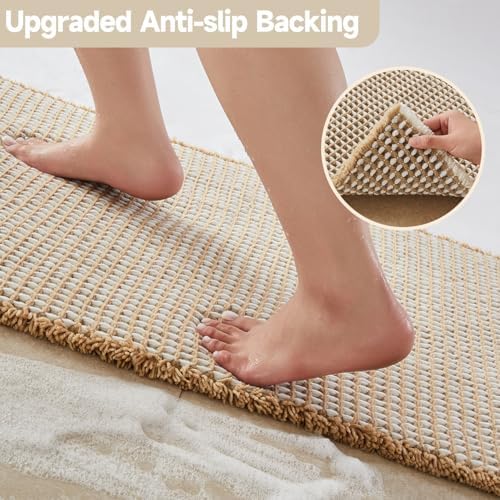 TYUU Waffle Runner Rug Bathroom, Long Boho Bath Mat, 60x24 Khaki & White - Image 3