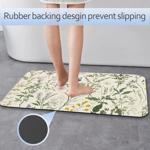 Vintage Floral Bath Mat 29.5"x17", Herbs Wild Flowers Slim Low-Profile Fast - Image 3