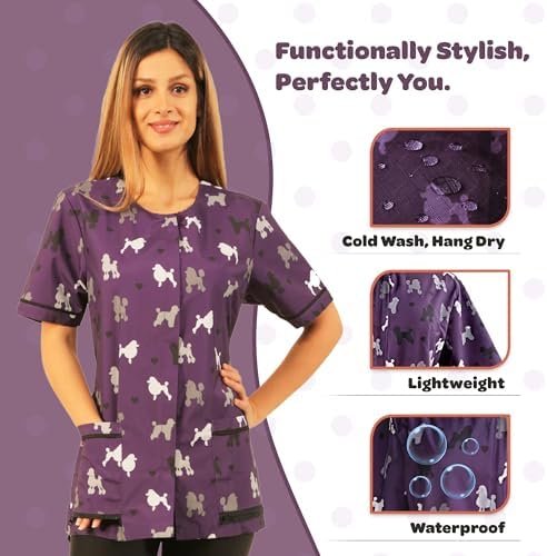 Ladybird Line 710 Purple Poodle Print Waterproof Dog Grooming Smock Hair and - Image 3