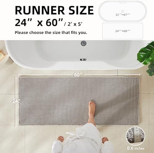 TYUU Waffle Runner Rug Bathroom, Long Boho Bath Mat, 60x24 Light Grey - Image 2