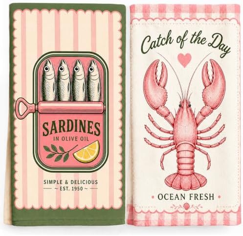 2 Pack Sardine and Lobster Kitchen Towels, Vintage Seafood Dish Towel Set by Z-synka