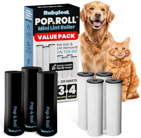Retractable Mini Lint Roller for Pet Hair, 210 Sheets, 3 Pack + 4 Refills by Rubyloo