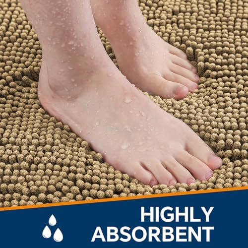 Chenille Bathroom Rug 17"x24" Beige, Non-Slip Plush Bath Mat - Image 4