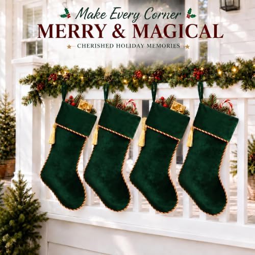 Green Christmas Stockings 4 Pack 20 Inch Large, Velvet - Image 6