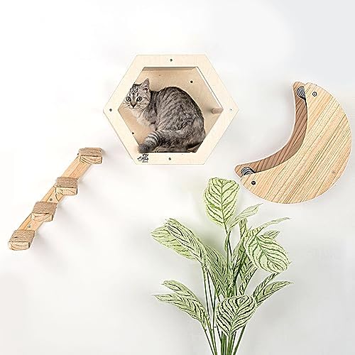 3-Piece Cat Wall Furniture Set: Hammock, Hexagon House & Climbing Steps by ZellaProducts