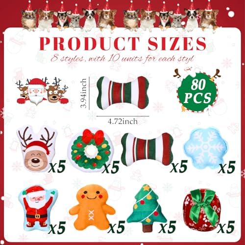 Soulchen 80 Pcs Christmas Dog Squeaky Toys, 8 Styles Plush Toys Bulk - Image 2