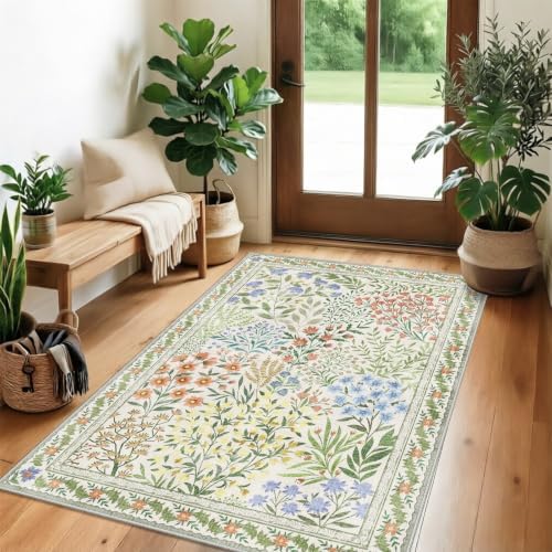 Floral Area Rug Washable Living Room Rugs 3x5 Vintage Soft Non-Slip Carpet by NYZEL