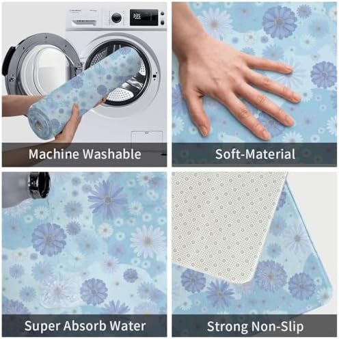 Blue Floral Bath Mat Non-Slip Soft Microfiber Bathroom Rugs Washable Bathmat - Image 6