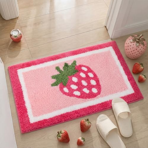Boao Strawberry Bathroom Rug Tufted Bath Mat Pink Non-Slip 24 x 16 Inches - Image 4