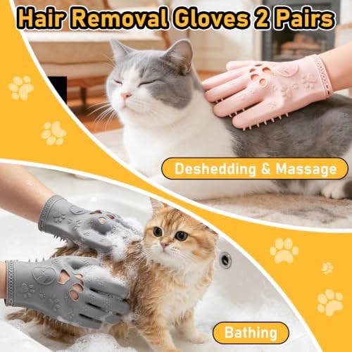 Pet Hair Removal Gloves Grooming 2 Pair Pink & Grey - Image 2