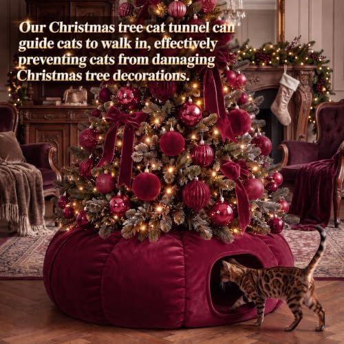 Christmas Tree Cat Tunnel 36 in Donut Bed, Burgundy, Velvet, Fluffy - Image 4