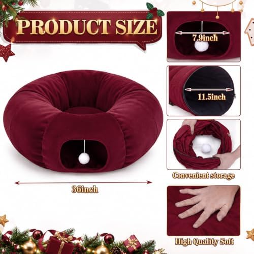 Christmas Tree Cat Tunnel 36 in Donut Bed, Burgundy, Velvet, Fluffy - Image 2
