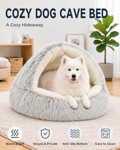 ShinHye Round Plush Fluffy Hooded Cat Bed Cave, Cozy - Image 3