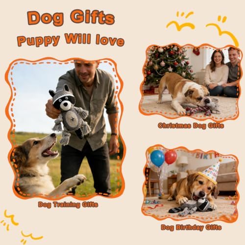 Elephant Rope Dog Toy, Plush Raccoon Squeaky Dog Toy, 2 Pack - Image 4