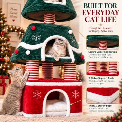 Cat Christmas Tree with 3 Cozy Condos for Indoor Large Cats - Image 6