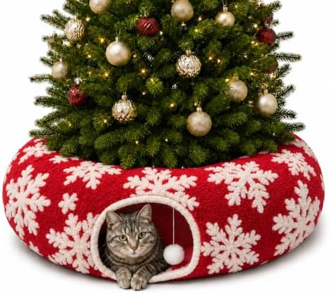 Christmas Snowflake Cat Tunnel Bed Under Tree, Velvet Jacquard, 10"x3 Ft by MAKEPETLUCKY-WelcometoCatTunnelClub