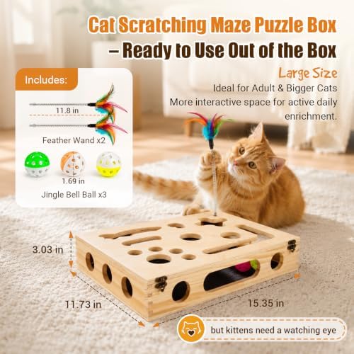 Cat Scratch Puzzle Enrichment Box, Wooden Interactive Toy - Image 4