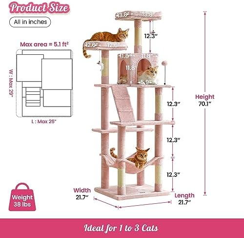 MWPO 70.1-Inch Pink Large Cat Tree, Plush Cat Condo - Image 6
